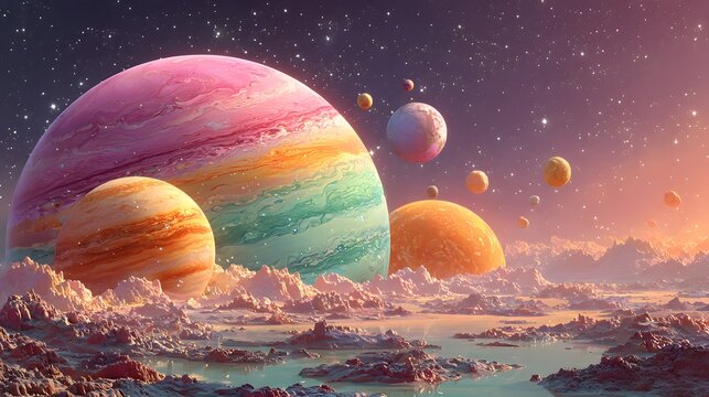Fantasy alien planet landscape featuring colorful gas giants, pastel moons, and rocky terrain.