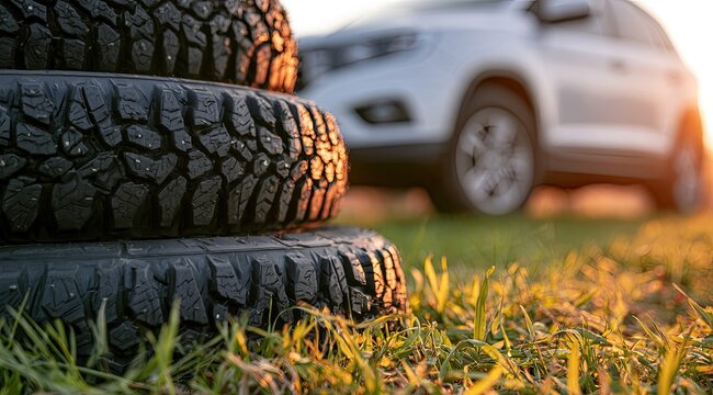 Stacked tires with sunlight glinting off treads; vehicle in background