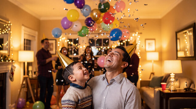 Happy Hispanic father and son laughing under a New Year's balloon and confetti drop, ideal for festive midnight party visuals.