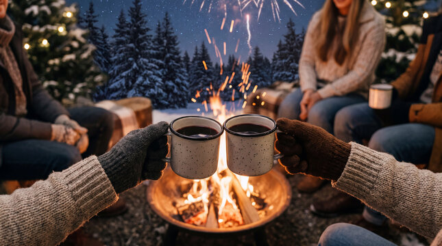 Hands clinking hot mulled wine mugs by a fire pit with snowy fireworks, ideal for rustic New Year's Eve outdoor celebration visuals.