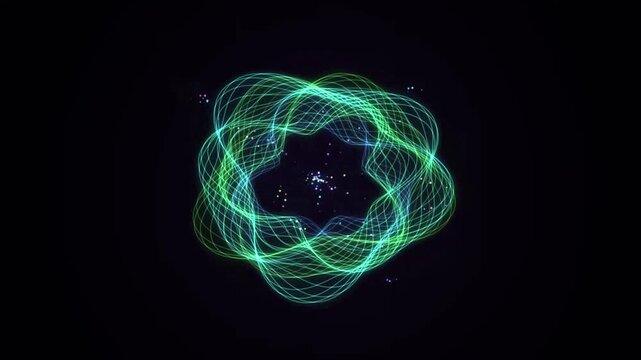 Glowing Neon Spirograph Waveform Animation Featuring Shifting Circular Motion Lines on Dark Backgroun