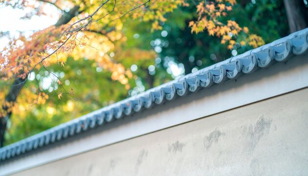 紅葉 カエデ 落ち葉 秋 黄葉 瓦屋根 白壁 塀 和風 日本庭園 京都 伝統 風情 季節感 自然 プレースホルダー 背景素材 合成用 空間