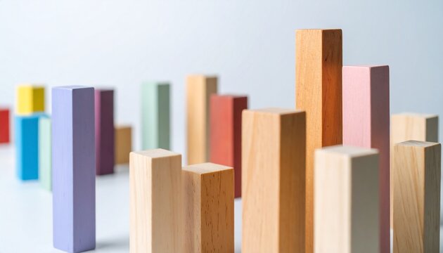 積み木 木製 ブロック カラフル グラフ 成長 段階 比較 分析 ビル街 コンセプト ビジネス 抽象 プレースホルダー 背景素材 合成用 空間 奥行き