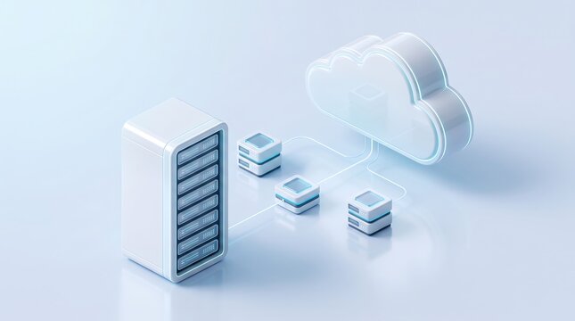 Cloud computing server tower with abstract data nodes and glowing network lines illustrating digital storage and data management infrastructure for modern information technology systems