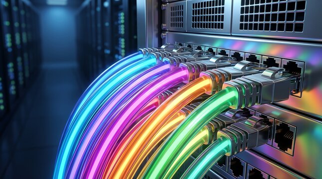 Close up shot of high speed fiber optic network cables plugged into enterprise data center switch rack with vibrant glowing neon lights indicating active data transmission status render