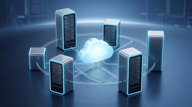 Abstract digital cloud computing network concept with multiple server rack towers connected to central glowing data cloud symbol in modern technological environment 3D render illustration