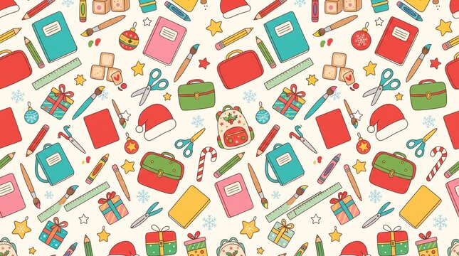 A seamless Christmas school supplies vector pattern featuring pencils, crayons, notebooks without writing, rulers, paintbrushes, scissors, backpacks, lunch boxes, alphabet blocks without letters, 