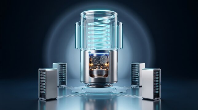 Advanced glass cylinder server core with internal glowing coils and mechanical gears supported by surrounding metallic data towers in a dark professional 3d render setting