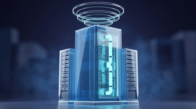 Central glass server tower with internal glowing blue circuitry surrounded by two smaller server cabinets and an overhead wireless data signal ring in a dark room