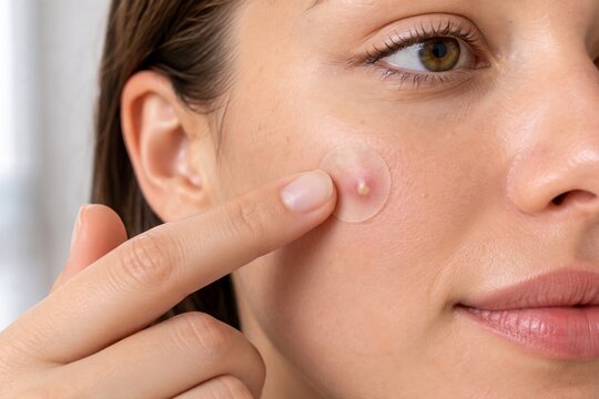 Young Woman Applying a Transparent Acne Patch on a Blemish on Her Cheek, Effective Skincare Treatment for Clear Skin