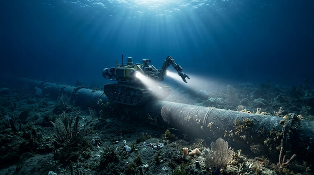 Autonomous subsea robotic crawler inspecting underwater steel pipeline with bright led headlights, marine engineering technology offshore energy infrastructure deep sea exploration