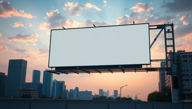 Empty billboard overlooking cityscape at sunset