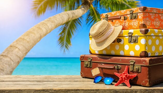 Stack of vintage suitcases with straw hat and starfish on beach travel concept