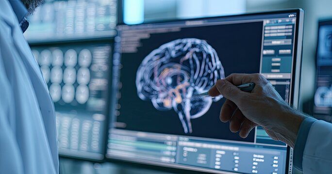 Professionals analyze a detailed 3D rendering of a human brain on a high-tech screen