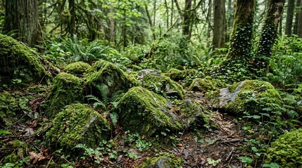Fototapeta premium Lush green mossy rocks and ferns in a dense temperate rainforest with tall trees and foliage in the Pacific Northwest