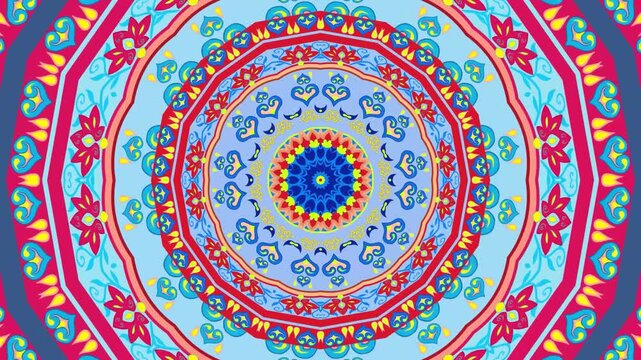 Symmetrical kaleidoscopic mandala animation with vibrant blue, red, and yellow floral patterns rotating smoothly
