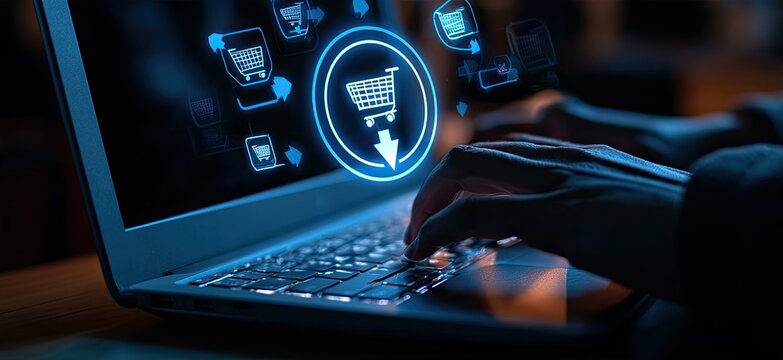 Digital shopping cart icons hover over hands typing on a laptop (1)