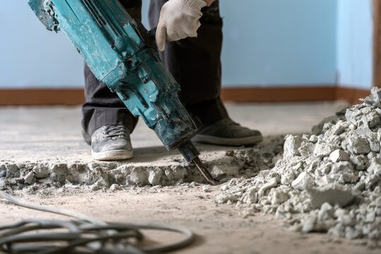 Worker using a heavy demolition tool to break apart concrete on a floor