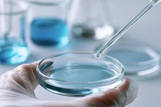 A gloved hand holds a petri dish as liquid is dispensed from a dropper