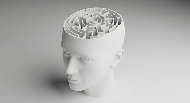 Human head with a complex maze inside the open skull