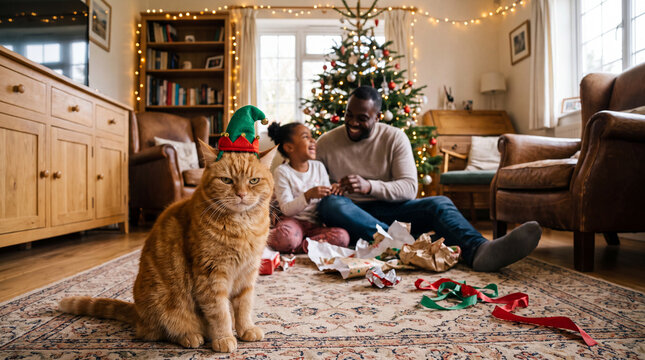 A grumpy orange tabby cat in an elf hat brings funny holiday pet humor to a Black family Christmas celebration for festive social posts.
