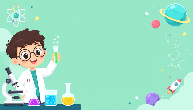 Cute science education vector background
illustration with a young scientist and beakers