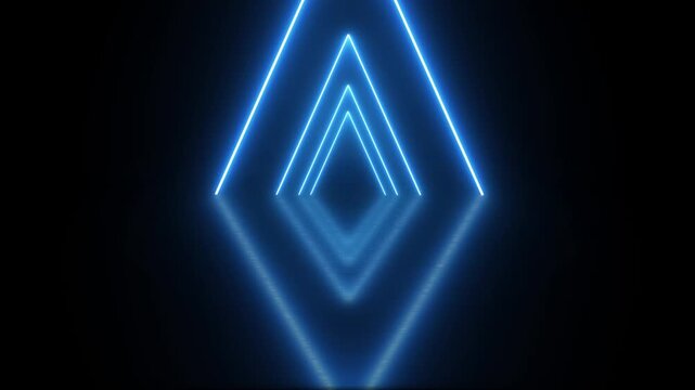 Abstract neon blue, flying forward through triangular corridor, tunnel, appearing. black background. Motion Graphic concept. animation
