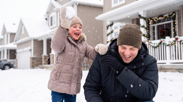 Playful Caucasian father and daughter laughing during a Christmas snowball fight in a snowy yard, ideal for winter holiday family fun visuals.