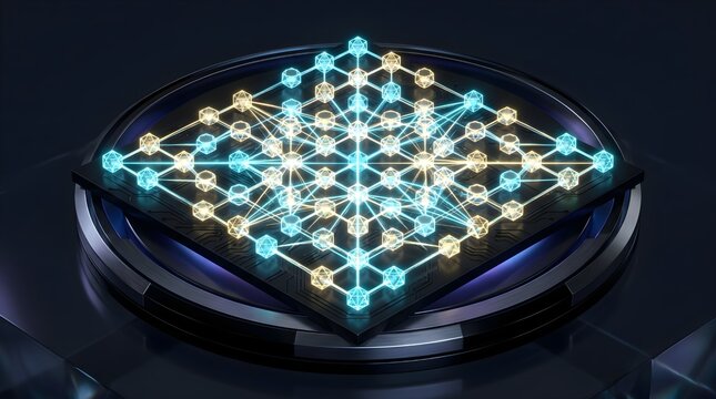 Futuristic quantum computing processor chip with glowing qubit network connections