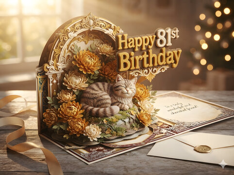 Happy 81st Birthday card pop up style with cat in the garden