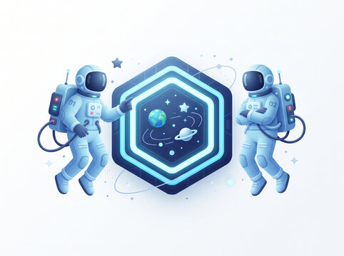 Two 3D astronauts floating beside a glowing hexagonal space portal