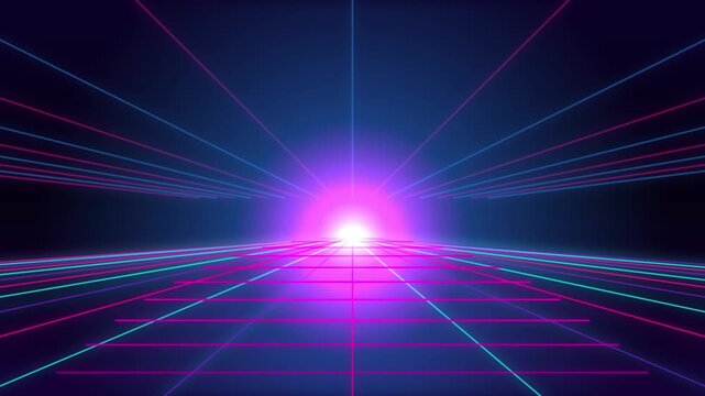 Retro 80s Synthwave Neon Grid Landscape with Glowing Horizon Light Loop Background Animation Motion