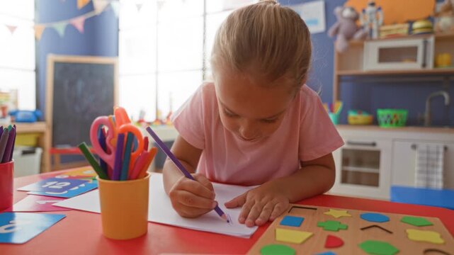 Little girl drawing on paper with pencil using her right hand at a colorful preschool table in building; concentration.