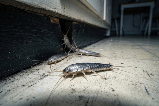 Silverfish Crawling Beside a Damaged Baseboard on a Dirty Floor