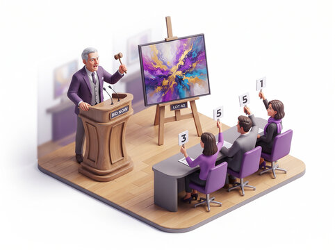 Auctioneer at a podium selling abstract art to bidders holding numbers