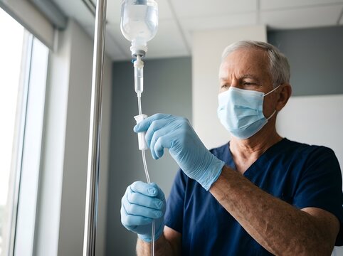 Senior male nurse in mask adjusting intravenous drip in hospital ward