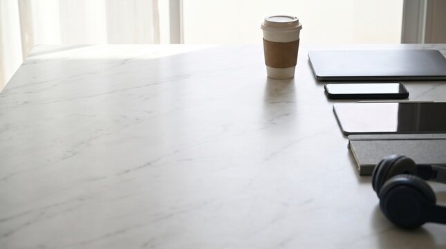 Modern white marble desk workspace with gadgets, coffee cup, and plenty of empty copy space
