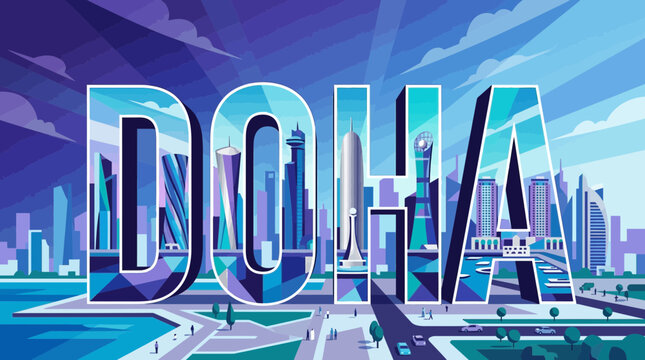 A flat design vector illustration of "Doha" in sleek, futuristic typography, featuring reflections of its ultra-modern skyline within the letters. 