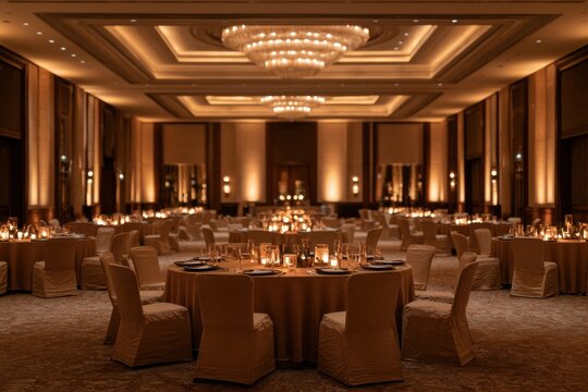 Luxury hotel ballroom set up with elegant round tables for formal wedding reception