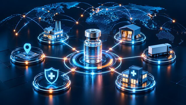 Central medical vial connected by glowing network nodes to a factory warehouse truck and hospital on a digital global map symbolizing pharmaceutical supply chain and modern healthcare logistics