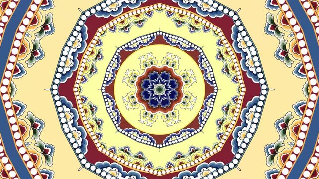 Symmetrical ornamental mandala pattern with rotating floral motifs in red, blue, and gold on cream background