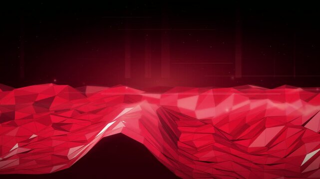 Abstract red low poly geometric landscape moving in a dark digital space with glowing light