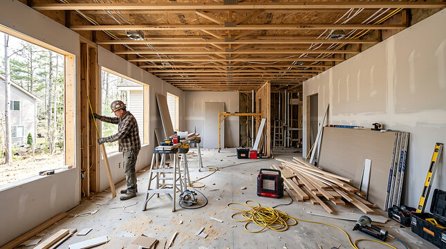 Construction Worker Framing Interior Room Walls.