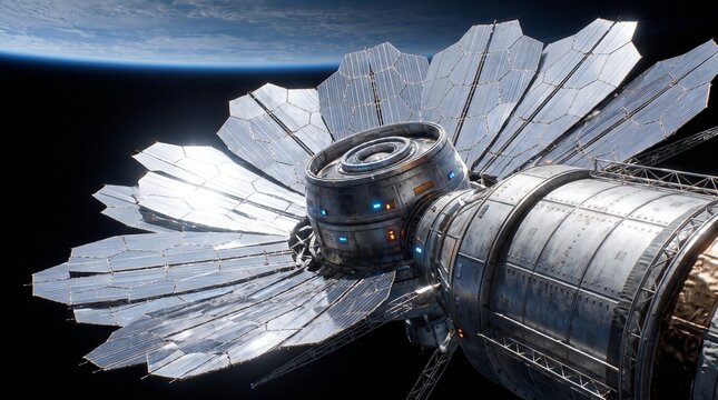 Close up view of futuristic orbital satellite station with large solar panel array above planet earth in space
