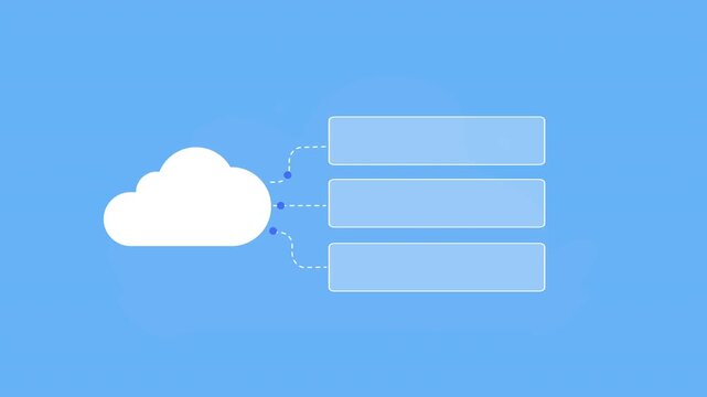 Flat vector animation showing cloud storage with database servers and an upload icon connected through a digital interface on a blue background.