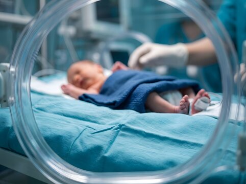 Newborn baby receiving care in a neonatal intensive care incubator