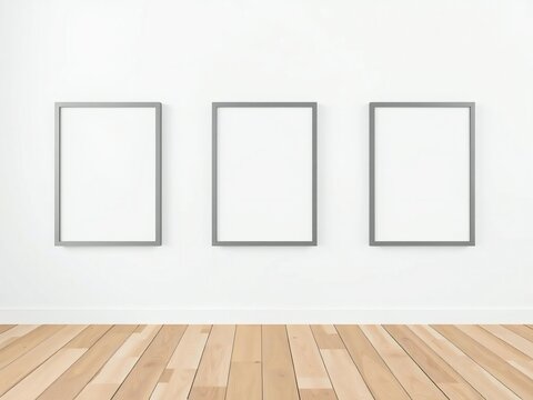 Three empty frames on white wall