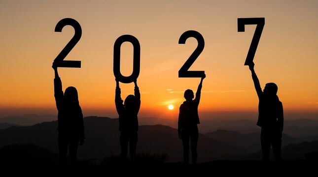 Silhouette people holding up 2027 numbers against orange sunset background for happy new year celebration and success.