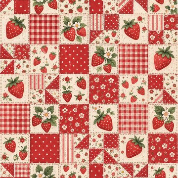 Vintage patchwork quilt pattern featuring red strawberries and gingham fabric squares