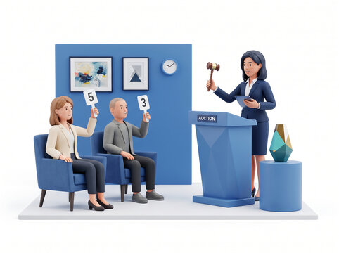 3D render illustration of an auction scene with an auctioneer and bidders